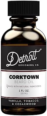 Detroit Grooming Co. Natural Beard Oil for Men-Nourishing & Organic Beard Moisturizer w/Sweet Almond Oil & Vitamin E-Softens,Boosts Growth-Vanilla,Tobacco & Cedarwood Scent - Corktown-1oz
