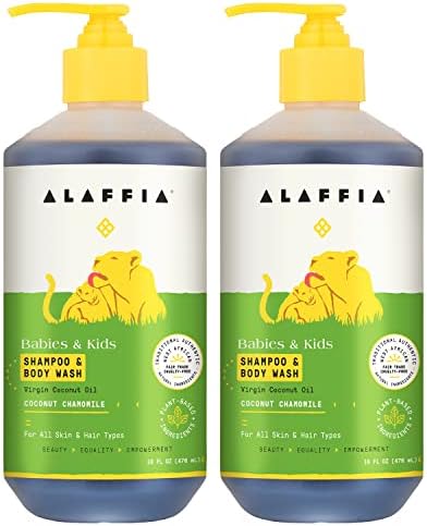 Alaffia Babies and Kids Shampoo and Body Wash, Gentle and Calming Support for Soft Hair and Skin with Yarrow and Chamomile, Coconut Chamomile, 2 Pack - 16 Fl Oz Ea