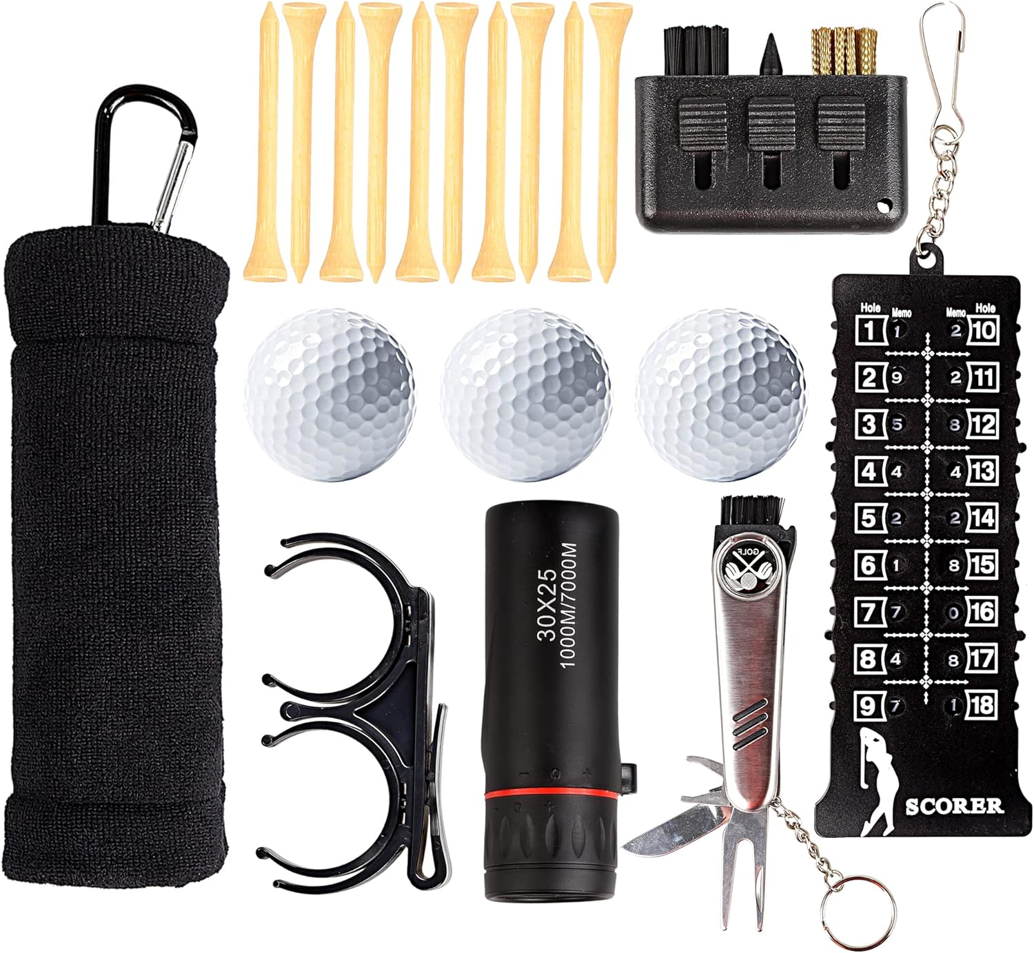 19 in 1 Golf Essentials Kit, Golf Towel, Cleaning Brush, Scoreboard, Telescope, Divot Repair Tool, Golf Ball, Tee Holder