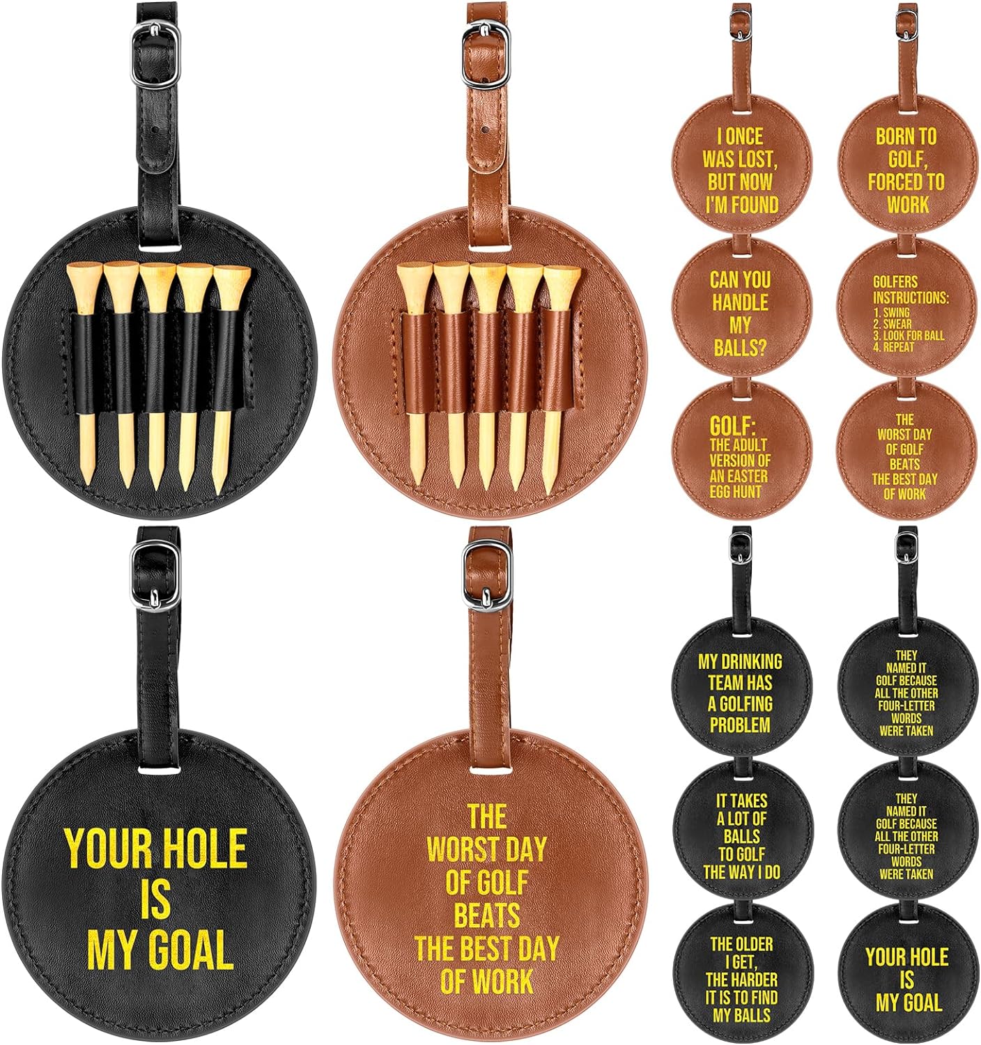 12 Pcs Leather Golf Bag Tag Inspirational Engraved Golf Tee Holder with Belt Clip Golf Luggage Accessories Funny Motivational Gifts for Men Women Golfer Dad Father's Day