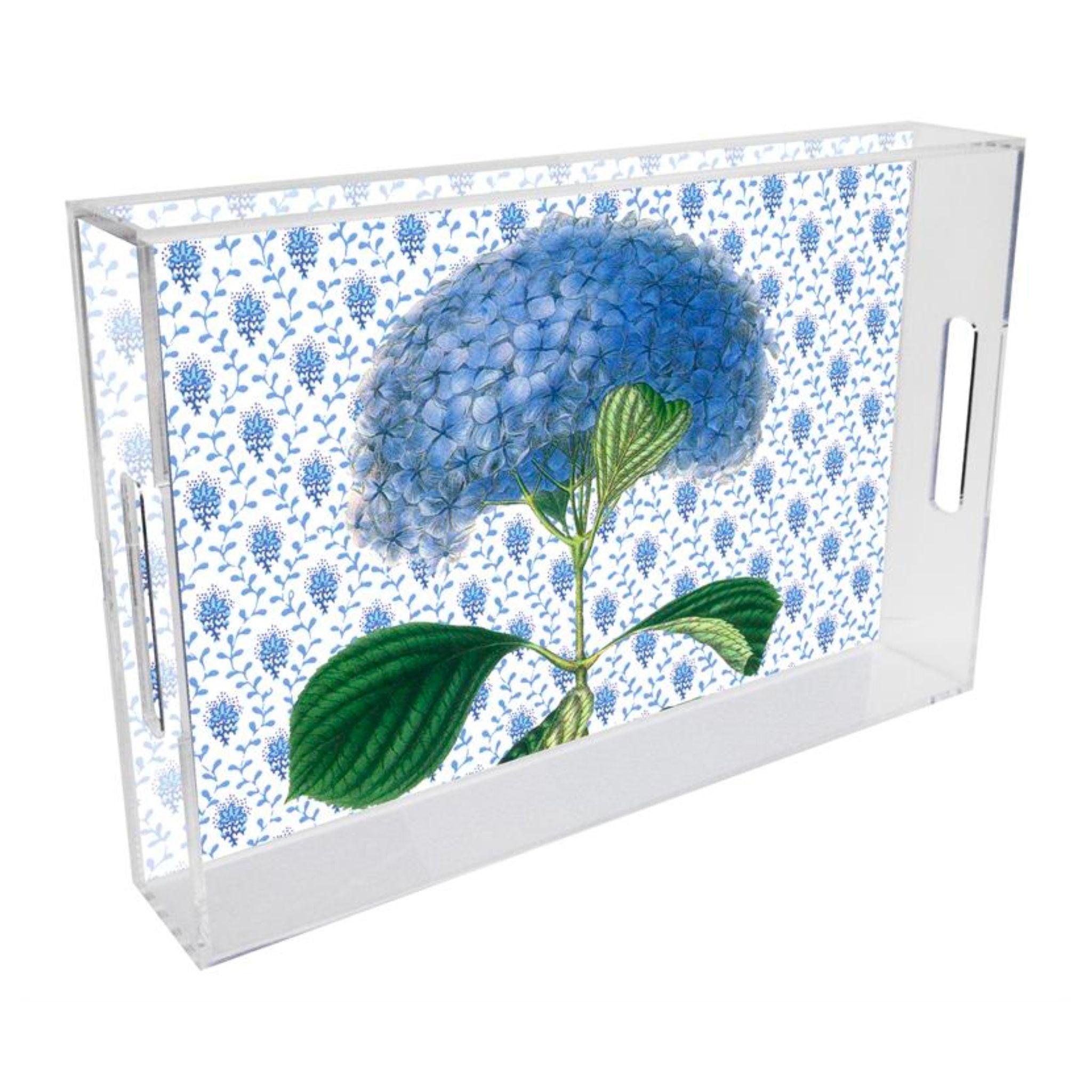 Blue Hydrangea on Provencial Print Lucite Tray - Available in Multiple Sizes