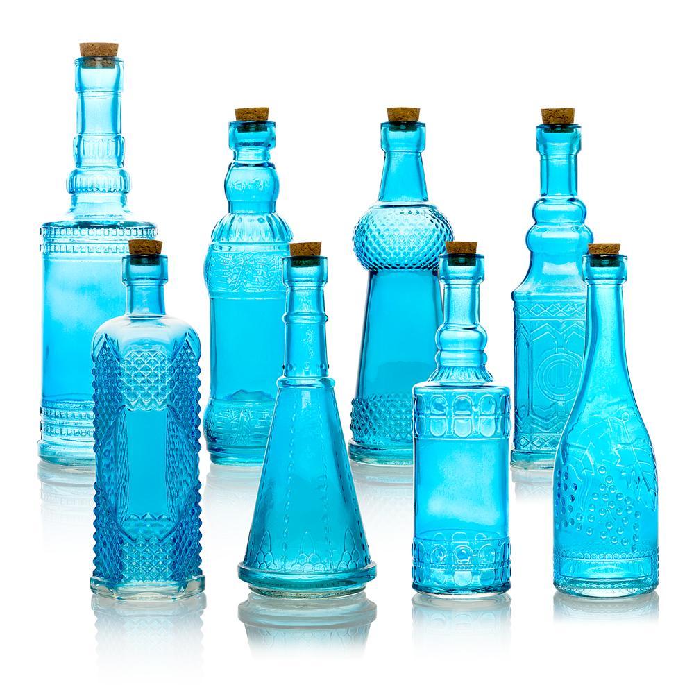 8pc Turquoise Vintage Glass Wedding Bottle Set, Assorted Wedding Table and Centerpiece Display